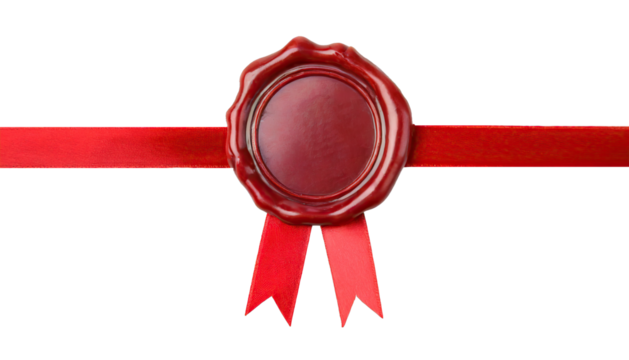  Real red wax seal with red ribbon isolated 