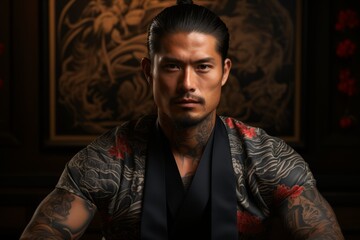 Obraz premium A man with yakuza style tattoos. dangerous people, concept: mafia and criminal gangs in Japan. 