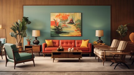 The mid-century color palette of the resting niche, featuring warm wood tones, muted earthy colors, and pops of vibrant hues, creating a harmonious and visually appealing environment.