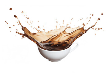 splashes with drops of coffee in white mug, isolated