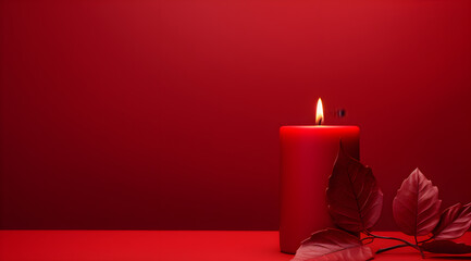 Warm Glow of a Red Candle with Autumn Leaves, Solid Red Background