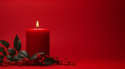 Festive Red Candle and Berries Holiday Decor, Solid Red Background