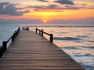 Wooden pier on the beach at beautiful sunset in the evening