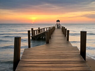 Obraz premium Wooden pier on the beach at beautiful sunset in the evening