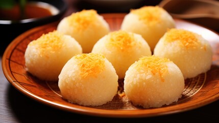 Tang yuan. Sweet rice balls in a plate. Chinese round sweet rice balls dessert for new year table. ?? tangyuan Rice tong yuen