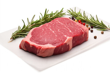 raw beef steak with green rosemary, pepper mixture, on white background, selective focus