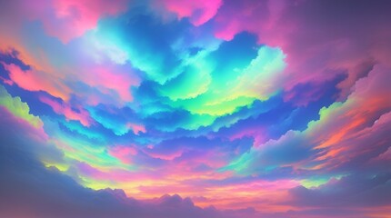 Obraz premium Colorful natural scenic landscape with vibrant blue sky and clouds. A vibrant rainbow cloud radiating a brilliant light, adding a touch of magic to the sky. rainbow cloud emitting a radiant light.