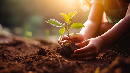 Photograph of small plant with soil in the hands of a child in the foreground. - obrazy, fototapety, plakaty