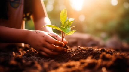 Photograph of small plant with soil in the hands of a child in the foreground. - Powered by Adobe