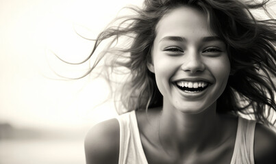 Radiant Black and White Portrait of a Joyful Young Woman with a Captivating Smile and Wind-Swept Hair