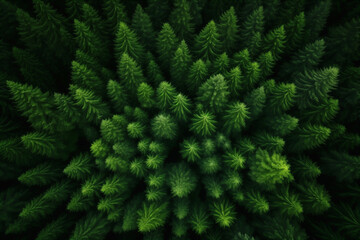coniferous green forest, pines, top view, aero
