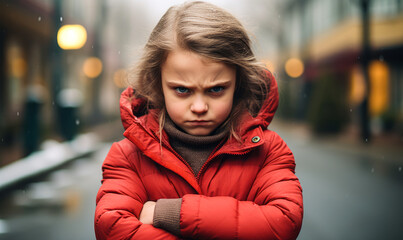 Stern-faced little girl in red winter jacket crossing arms in a defiant pose on a cold, blurred urban street background