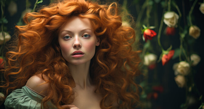 Enchanting woman with vibrant curly red hair adorned with green roses, wearing a vintage ruffled dress and a mysterious gaze