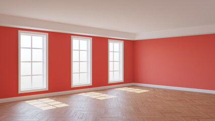 Empty Room with Light Red Walls, Three Large Windows, White Ceiling and Cornice, Glossy Herringbone Parquet Flooring and a White Plinth, 3d Rendering. 8K Ultra HD, 7680x4320, 300 dpi