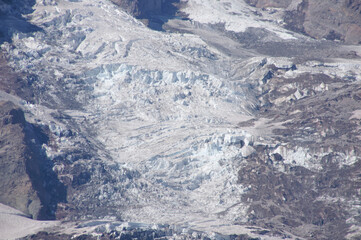 Detail, Glaciers on Mount Rainier  with crevasses and icefall.
