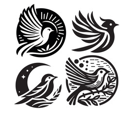 conjunto de ilustraciones blanco y negro de aves