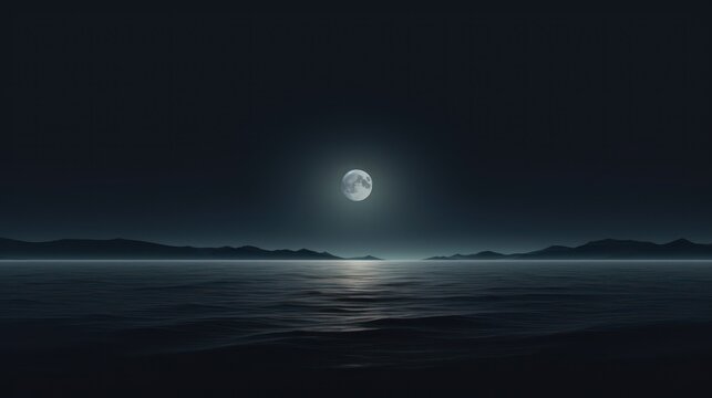 The expanse of the ocean at night is mysterious, with the full moon shining brightly, the silhouette of the mountains. Suitable for wallpapers, and backgrounds with dark, black, modern, 8k themes