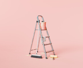 Metal ladder, paint bucket, roller, and brush on a soft pink backdrop. Painting and home decoration concept.