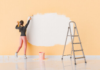 Stylized woman in casual attire painting an orange wall, with a metal ladder and a paint bucket nearby. home renovation concept