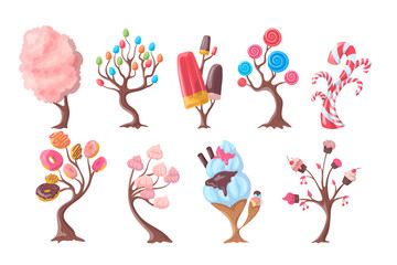 Cartoon Color Fantasy Candy Trees Set Dessert Concept Flat Design Style. Vector illustration of Sweet Tree
