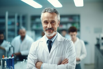 Young man with beard wearing white lab coat working at scientist laboratory happy face smiling confident with crossed arms looking at the camera. - obrazy, fototapety, plakaty