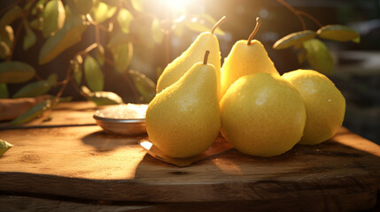 Close up fresh healthy chinese pear on the wood table with sun light. Created using generative AI.