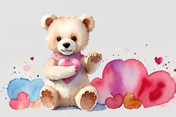 Cute bear with a heart in its paws in watercolor technique.