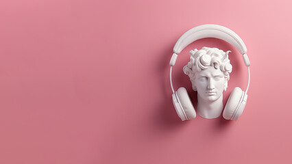 Plaster head of a man with headphones on a pink background