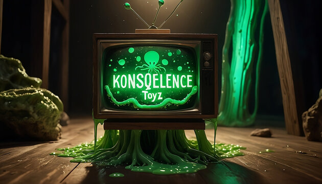 A sign that says Konsequencetoyz made of wood in the town of Gunsmoke the tv show with green ooze slime goes all over the room. Generative AI
