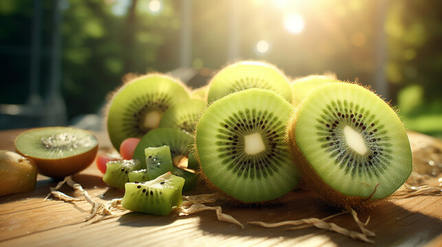 Close up fresh healthy kiwi on the wood table with sun light. Created using generative AI.