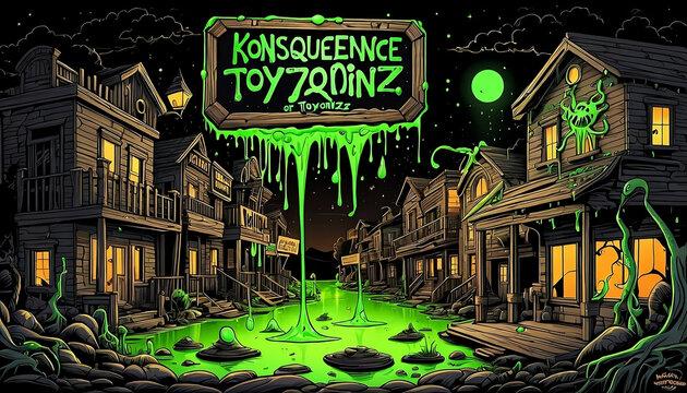 Graffiti on the wall. A sign that says Konsequencetoyz made of wood in the town of Gunsmoke the tv show with green ooze slime goes all over