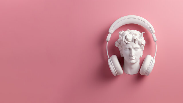 Plaster head of a man with headphones on a pink background