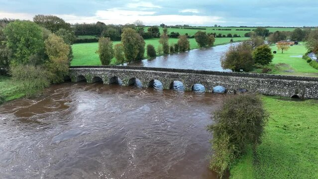drone footage of bective bridge on the river boyne, county meath, ireland