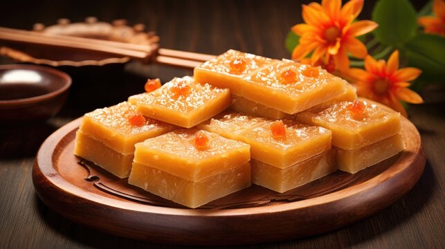 Festive plate with niangao sticky rice cake, nian-nian gao. Happy New Year's Asian holidays. Chinese new year celebrations