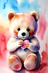 Cute bear with a heart in its paws in watercolor technique.