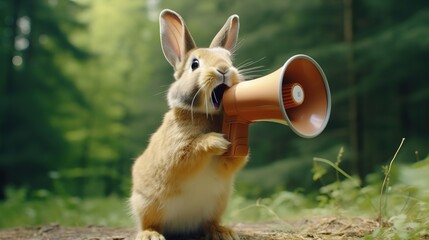 Rabbit announcing using hand speaker. Notifying, warning, announcement - obrazy, fototapety, plakaty