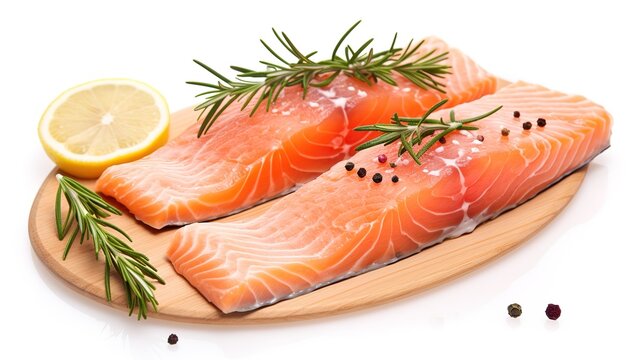 Raw, fresh Pacific salmon fillets garnished with rosemary, peppercorns, and lemon, showcasing a delicious and healthy seafood meal, isolated on a white background