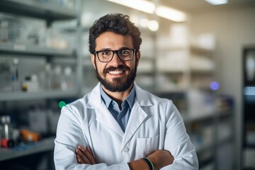 Young man with beard wearing white lab coat and glasses working at scientist laboratory happy face...