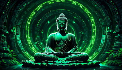 Generative AI Image of meditating Lord Buddha statue with green neon lights in dark tunnel