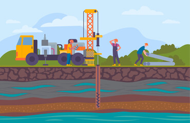 Obraz na płótnie Canvas Cartoon Color Water Well Drilling Landscape Scene Concept Flat Design Style. Vector illustration of Layers of Land with Underground River