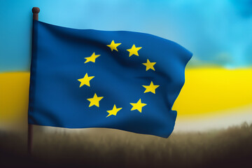 European Union flag on a yellow and blue background. The flag of the European Union against the background of the flag of Ukraine.