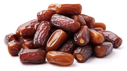 Obraz premium Small pile of dried dates, a nutritious and sweet fruit often enjoyed as a snack or used in various recipes, isolated on a white background