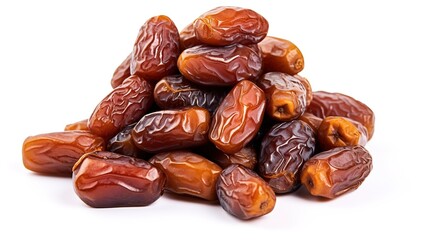 Small pile of dried dates, a nutritious and sweet fruit often enjoyed as a snack or used in various recipes, isolated on a white background