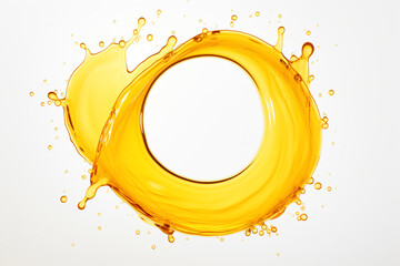 yellow liquid transparent splash, forming circle with drops, isolated on white