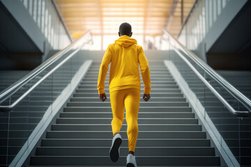 man sport running up staircase while exercising, yellow sportswear, back view