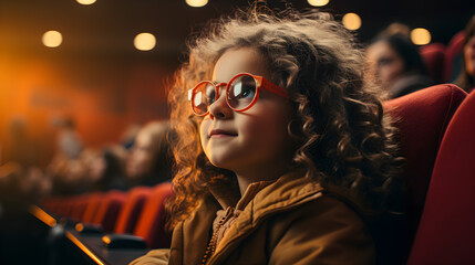 Happy little girl with glasses that help her to see better a movie at the cinema or a show at the theater. Entertainment and education for children.