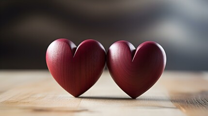 Fototapeta premium Close up of two burgundy Hearts on a wooden Table. Blurred Background