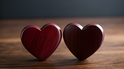 Fototapeta premium Close up of two burgundy Hearts on a wooden Table. Blurred Background