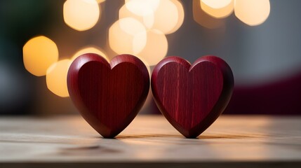 Close up of two burgundy Hearts on a wooden Table. Blurred Background