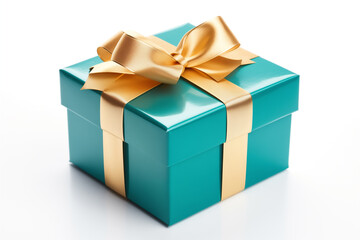 Obraz premium gift box turquoise with golden bow, isolated on white background